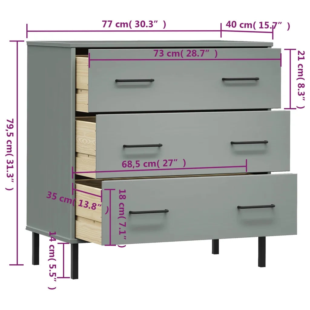 Credenza con 3 Cassetti-Buffet-Armadio da cucina Grigio 77x40x79,5cm Legno Massello OSLO