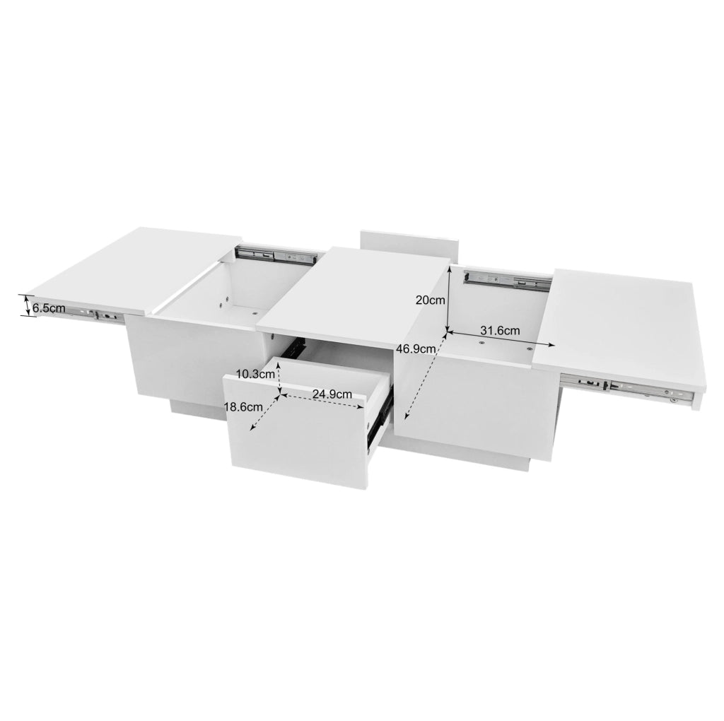 Tavolino da salotto con cassetti e vani contenitore 100x50x31 cm in truciolare bianco lucido