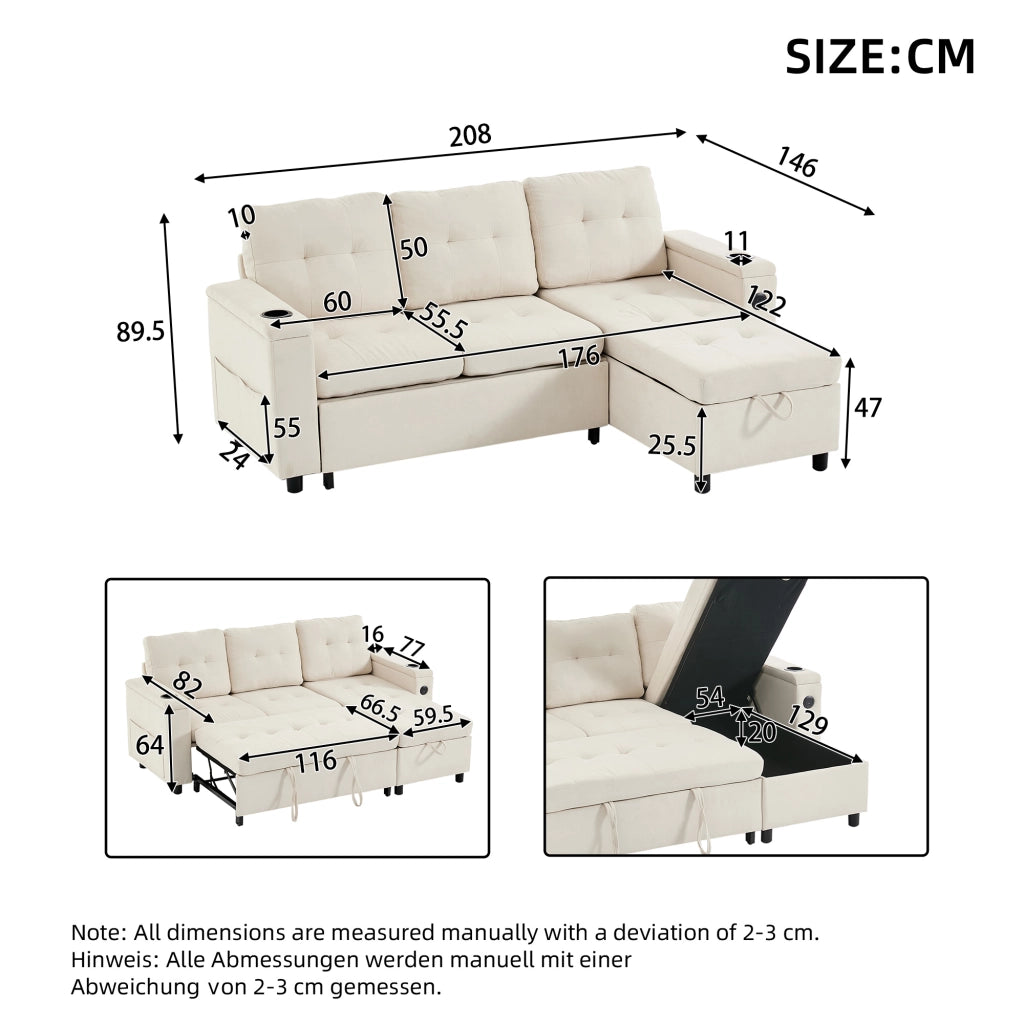 Divano letto angolare 3 posti con contenitore; LED; USB e portabicchieri in tessuto beige