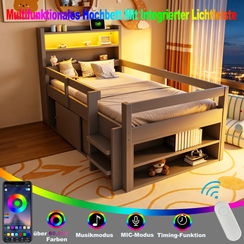 DESMIU Letto per bambini 90 × 200 cm con mensole, vani contenitori, LED, USB, senza materasso, grigio