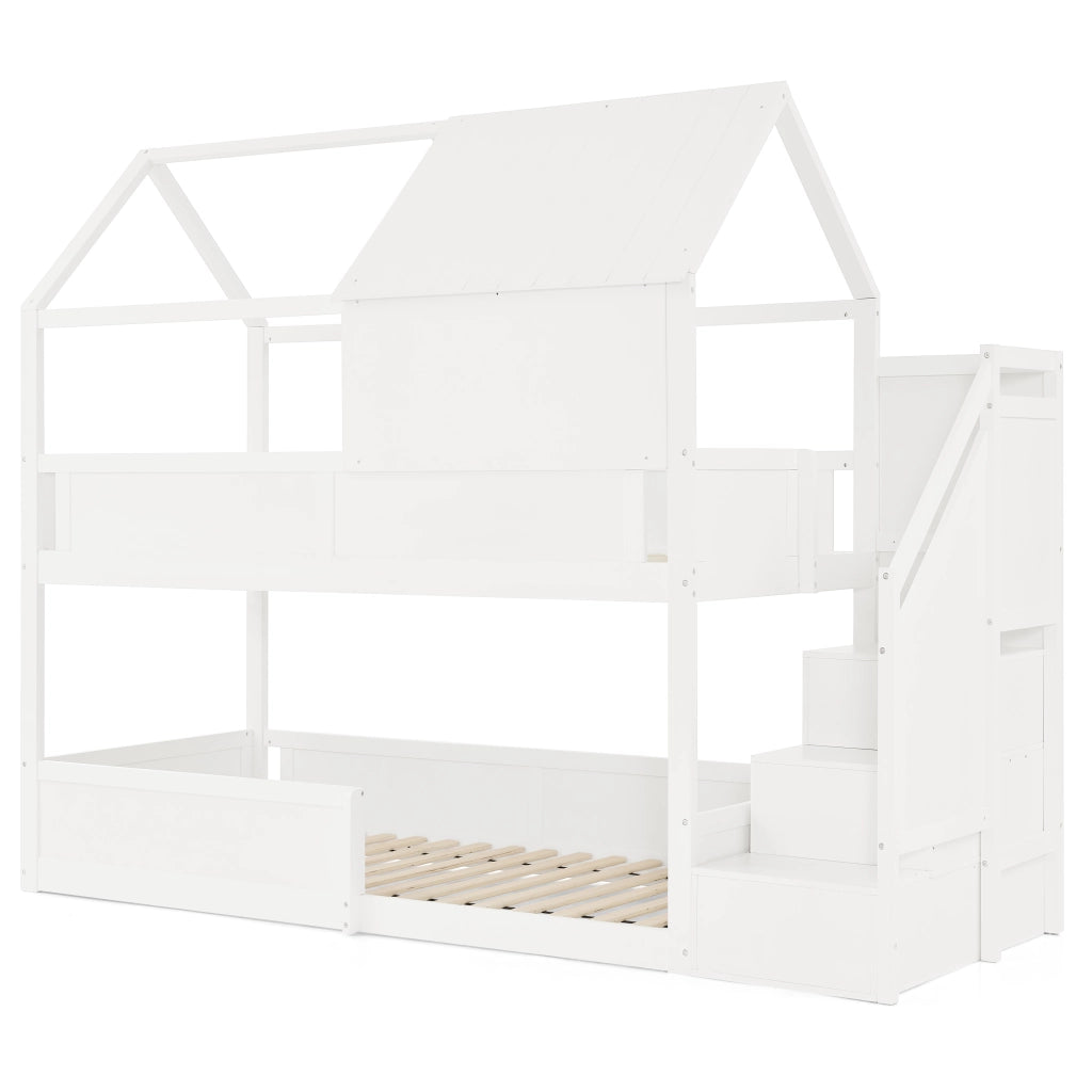 Letto a castello per bambini 80 × 200 cm con tetto, scala laterale et barriere di sicurezza, senza materasso, bianco