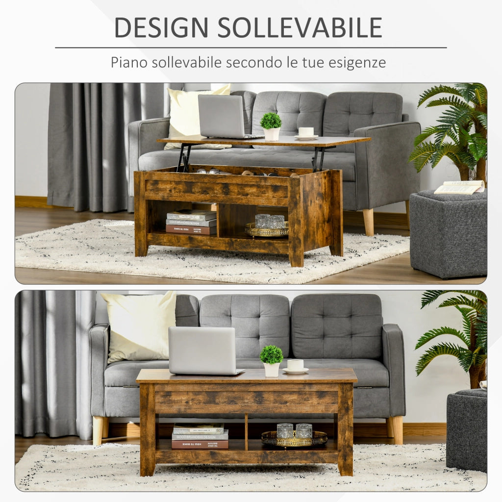 EasyComfort Tavolino da Salotto in Stile Industriale con Vano Contenitore e Piano Sollevabile in Legno, 105x50x49cm, Marrone Rustico