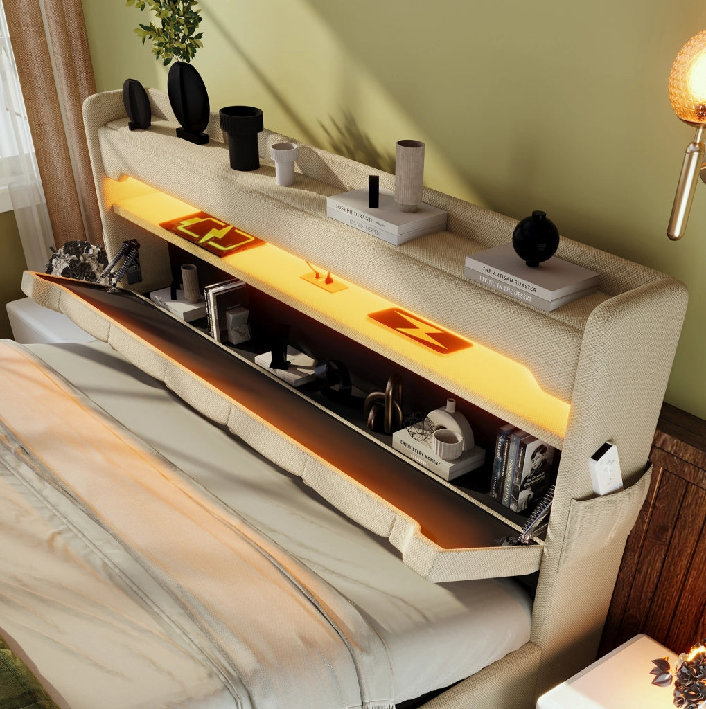Letto matrimoniale 180x200 cm in lino beige con contenitore idraulico; LED e testiera con ricarica