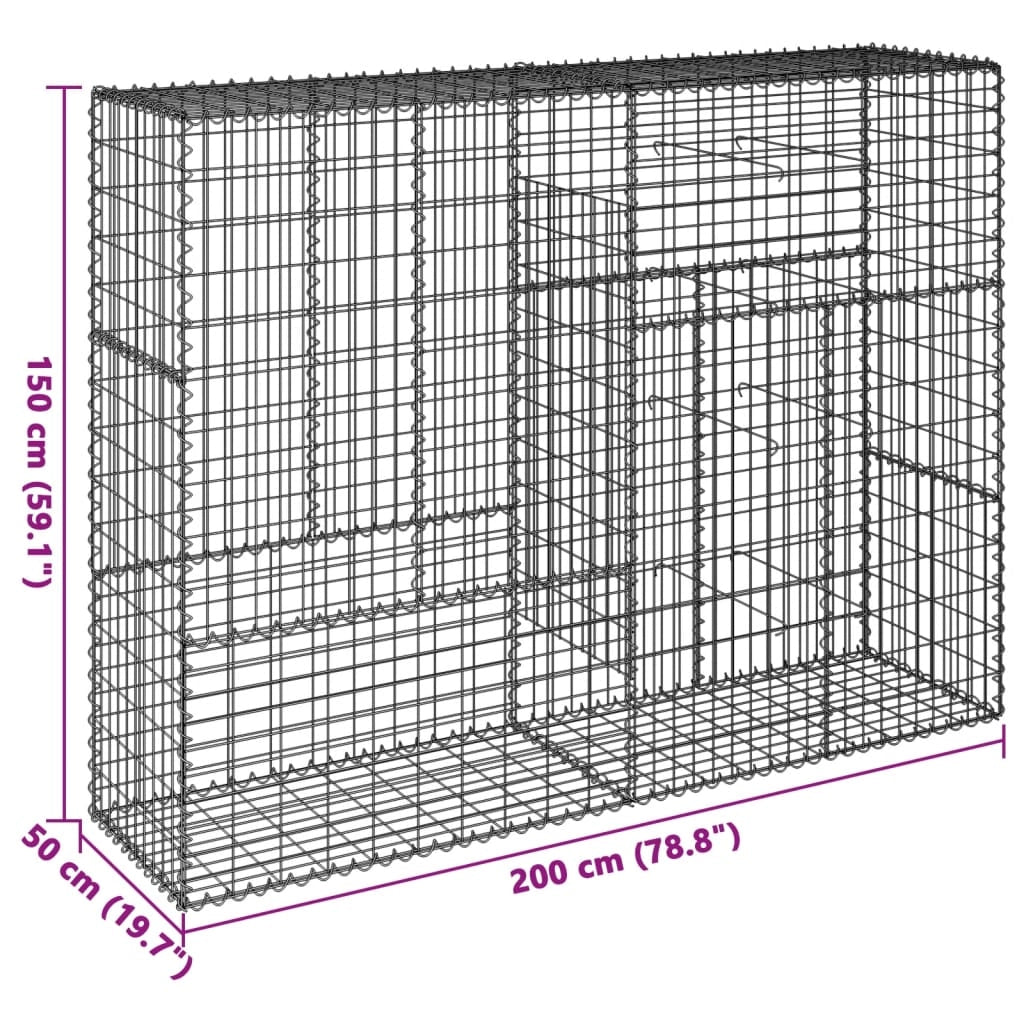 Gabbione recinto a gabbia muro di contenimento con coperchio 200 x 50 x 150 cm ferro zincato argento 02_0040144