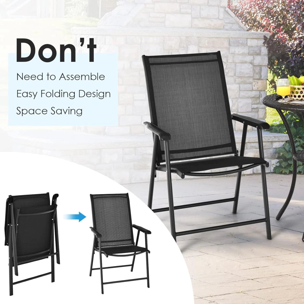 Set di 2 Sedie da Giardino Pieghevoli con Schienale Alto, Sedie da Esterno in Tessuto e Metallo, Carico 150 kg, Poltrona da Balcone, Terrazza, Sala da Pranzo, Cortile (Nero)