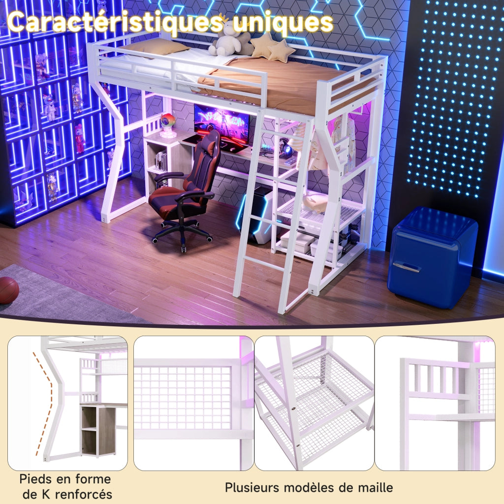 Letto a castello con scrivania a LED 90x200 cm realizzato in MDF bianco e metallo