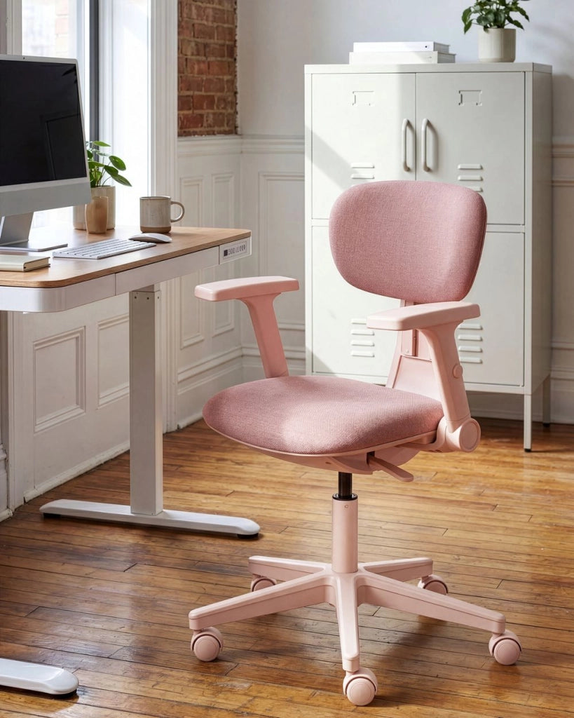 Sedia da ufficio in tessuto rosa con schienale e braccioli regolabili, design moderno, per l'ufficio domestico