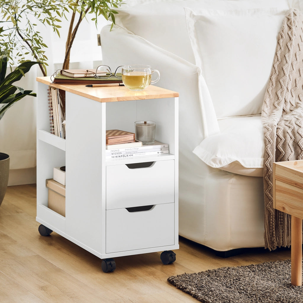 SoBuy Tavolino basso con ruote Tavolo stampante con cassetto Carrello da ufficio Bianco-Naturale, 60x30x60cm FBT130-WN