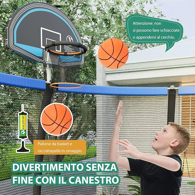 Trampolino Elastico per Bambini 245/333/367 cm Certificato GS, Tappeto Elastico con Rete, Anello da Basket, Scaletta con 2 Gradini, Palla da Basket e Pompa, Portata 100 kg