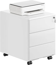Cassettiera da Ufficio Scrivania Studio con Rotelle Mobiletto con 3 Cassetti e Serratura per Documenti Cartelle Sospese Cancelleria, Pre-Assemblato, metallo Bianco SK024ws