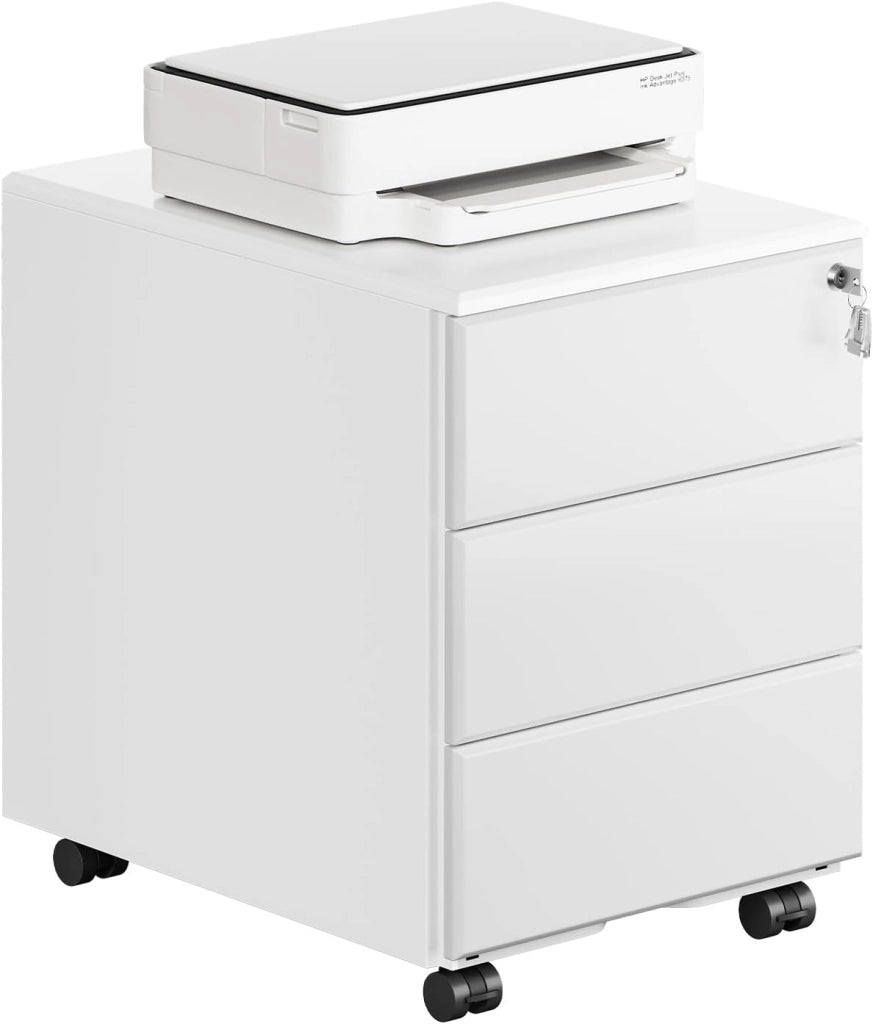 Cassettiera da Ufficio Scrivania Studio con Rotelle Mobiletto con 3 Cassetti e Serratura per Documenti Cartelle Sospese Cancelleria, Pre-Assemblato, metallo Bianco SK024ws