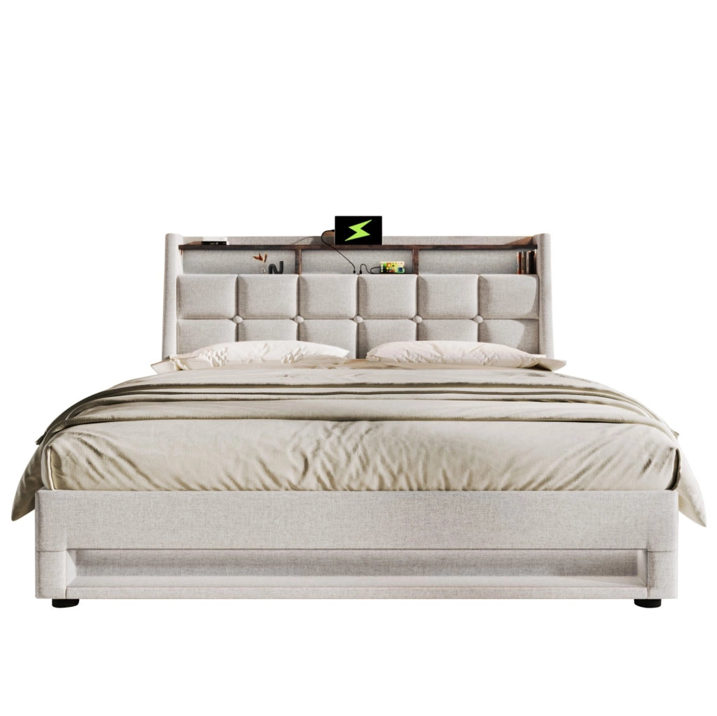 Letto matrimoniale imbottito 140x200 cm in lino beige con LED e USB; stile vintage