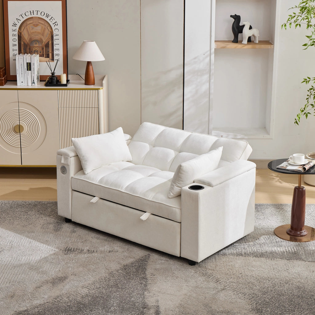 Divano letto 2 posti - con schienale regolabile; USB e contenitore - in tessuto beige