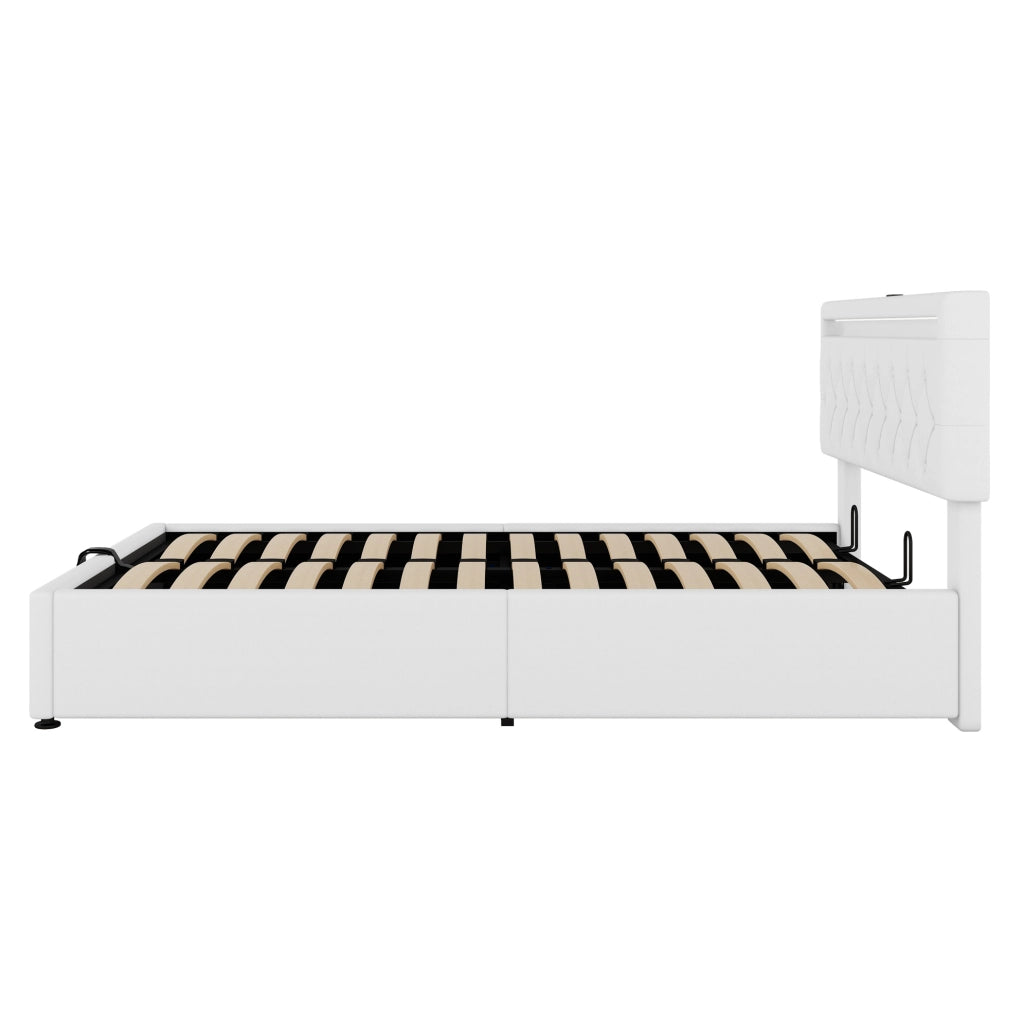 Letto imbottito 140x200 cm bianco con LED, USB-C e contenitore idraulico