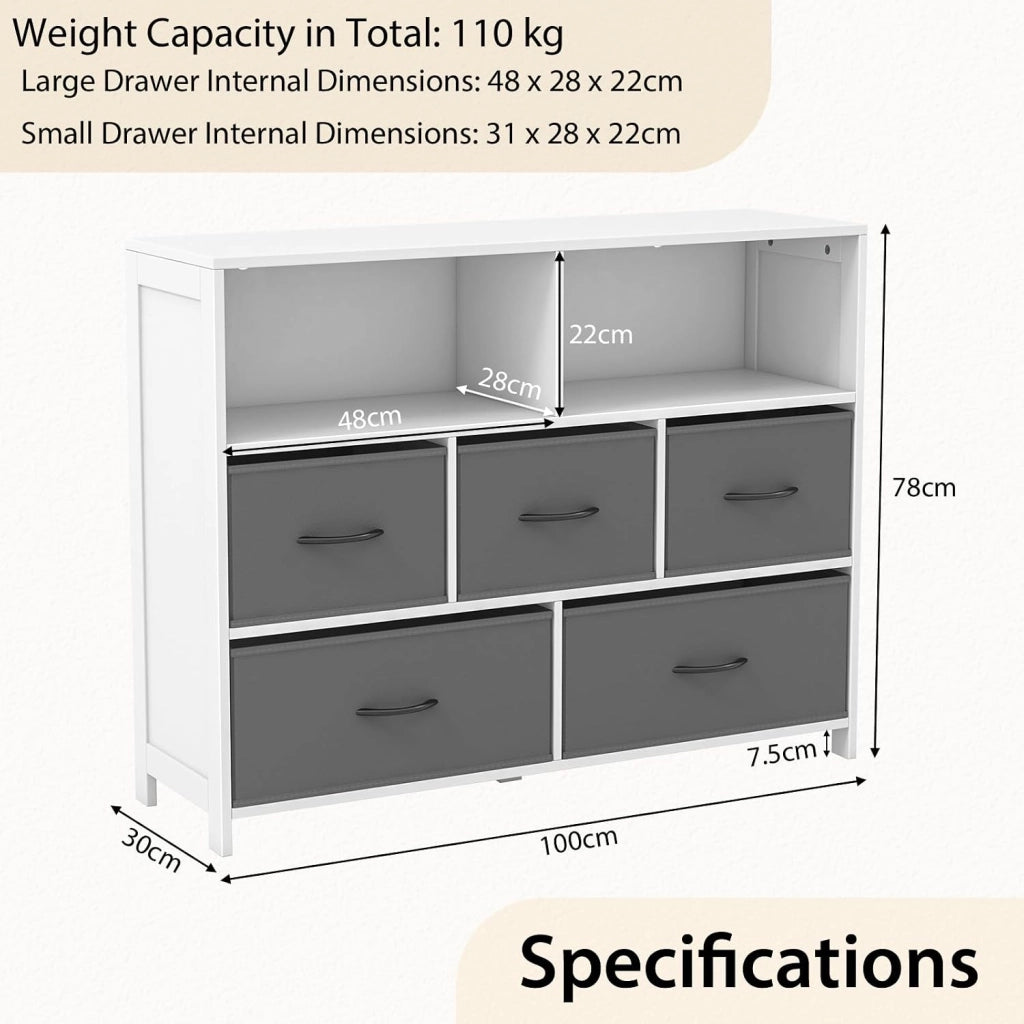 Cassettiera a 5 Cassetti, Comò Camera da Letto in Tessuto, Mobiletto Cucina con Maniglie, Scomparti e 5 Tiretti Pieghevoli, Armadio Multiuso per Bagno, Ingresso, Soggiorno, 100 x 30 x 78 cm