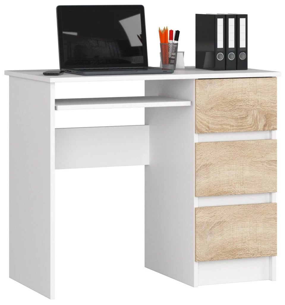 Scrivania per computer AKORD A6 Bianco 90 cm 3 cassetti inserto frontale Sonoma Quercia 90x50x77 cm Modello a destra