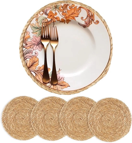 Set di tovagliette rotonde 12 pollici da 4 pezzi - Tovagliette bohemiane in rattan, naturale idromele, tovagliette in stile rustico, tovagliette in rattan per tavola da pranzo, casa, matrimoni