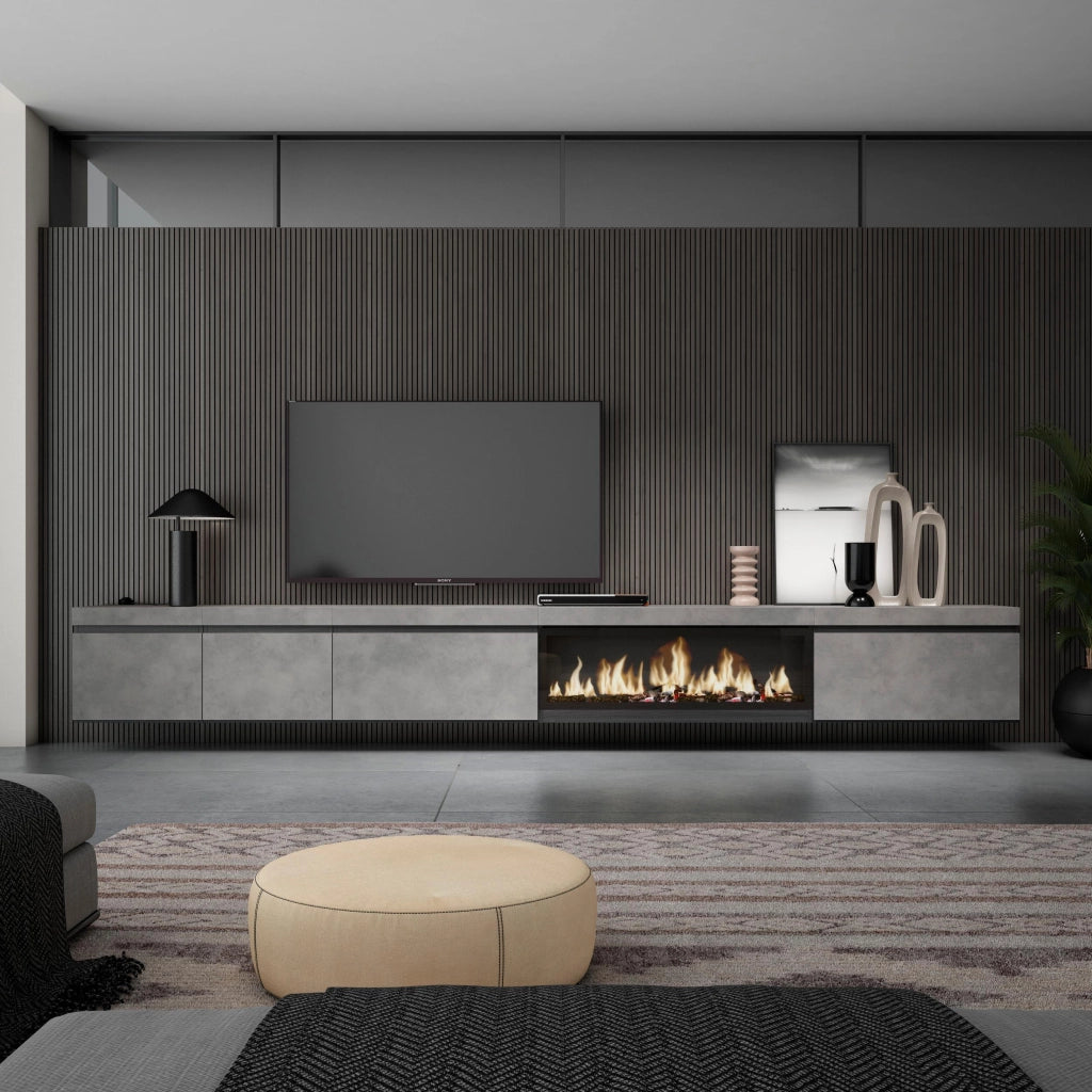 Mobile TV Soggiorno, 368x35x45, Camino elettrico XXL, da appendere, grigio cemento RF3683