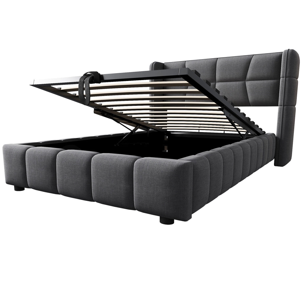 Letto imbottito 90x200 cm con contenitore e testiera in tessuto grigio