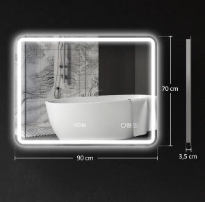 Specchio bagno LED ULEVR 70x90 cm con Bluetooth, orologio, antiappannamento e luce dimmerabile, argento