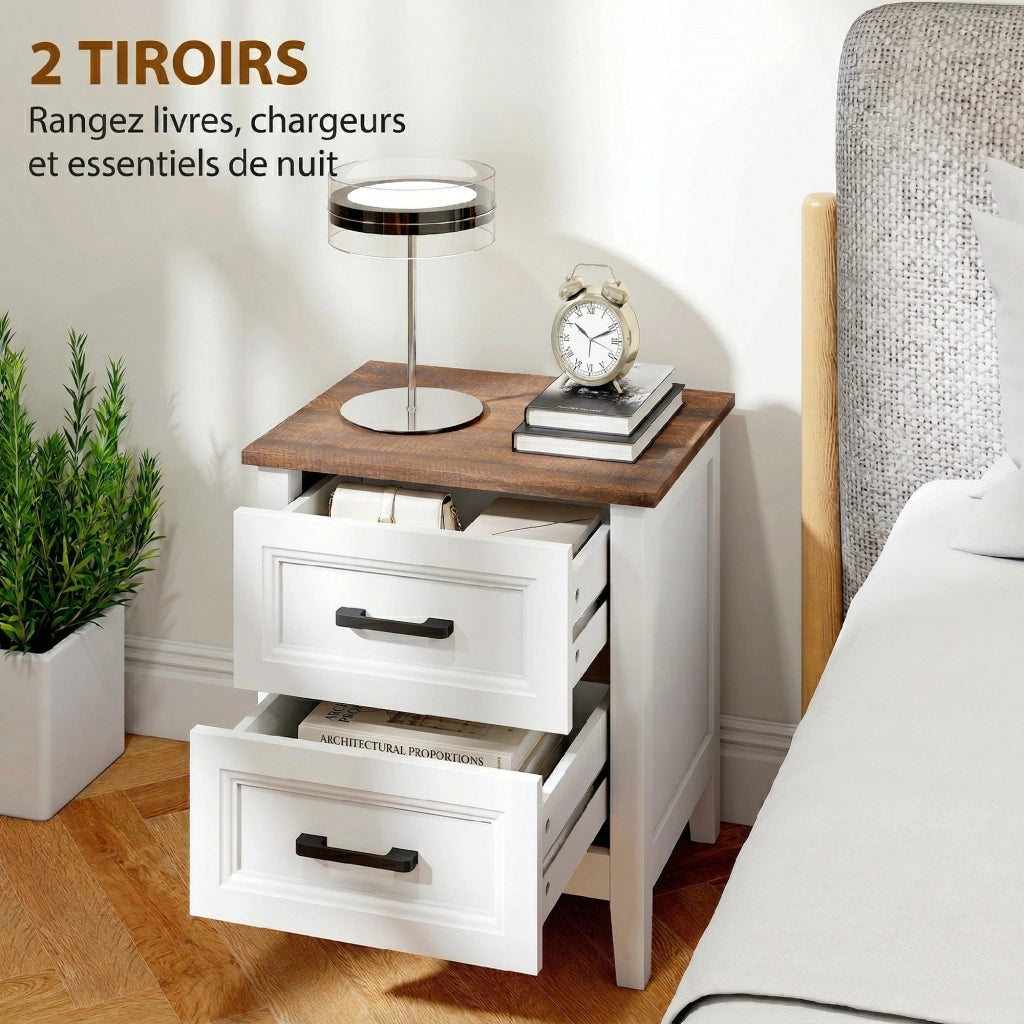 Comodino con 2 cassetti ¨C zephmum ¨C effetto legno, bianco