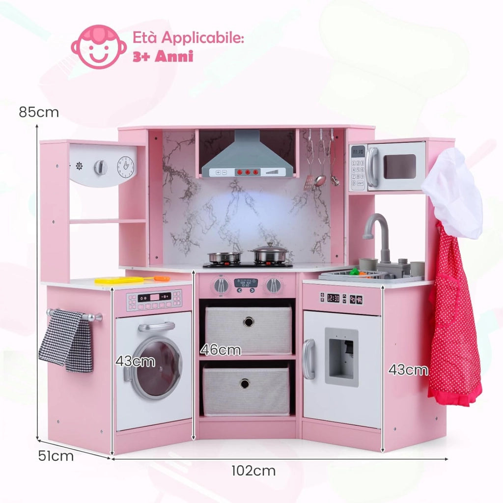 Cucina Giocattolo per Bambini, Set Cucina in Legno con Accessori, Luci e Suoni, Cappa, Fornelli, Microonde e Lavatrice, per Bambini 3+ Anni, 102 x 51 x 85 cm (Rosa)