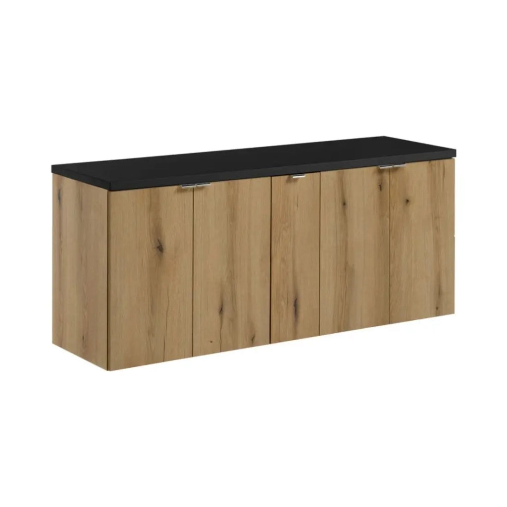 Set da bagno sospeso VANO in rovere e nero 140cm: mobiletti sotto lavabo con armadietti + piano per lavabo