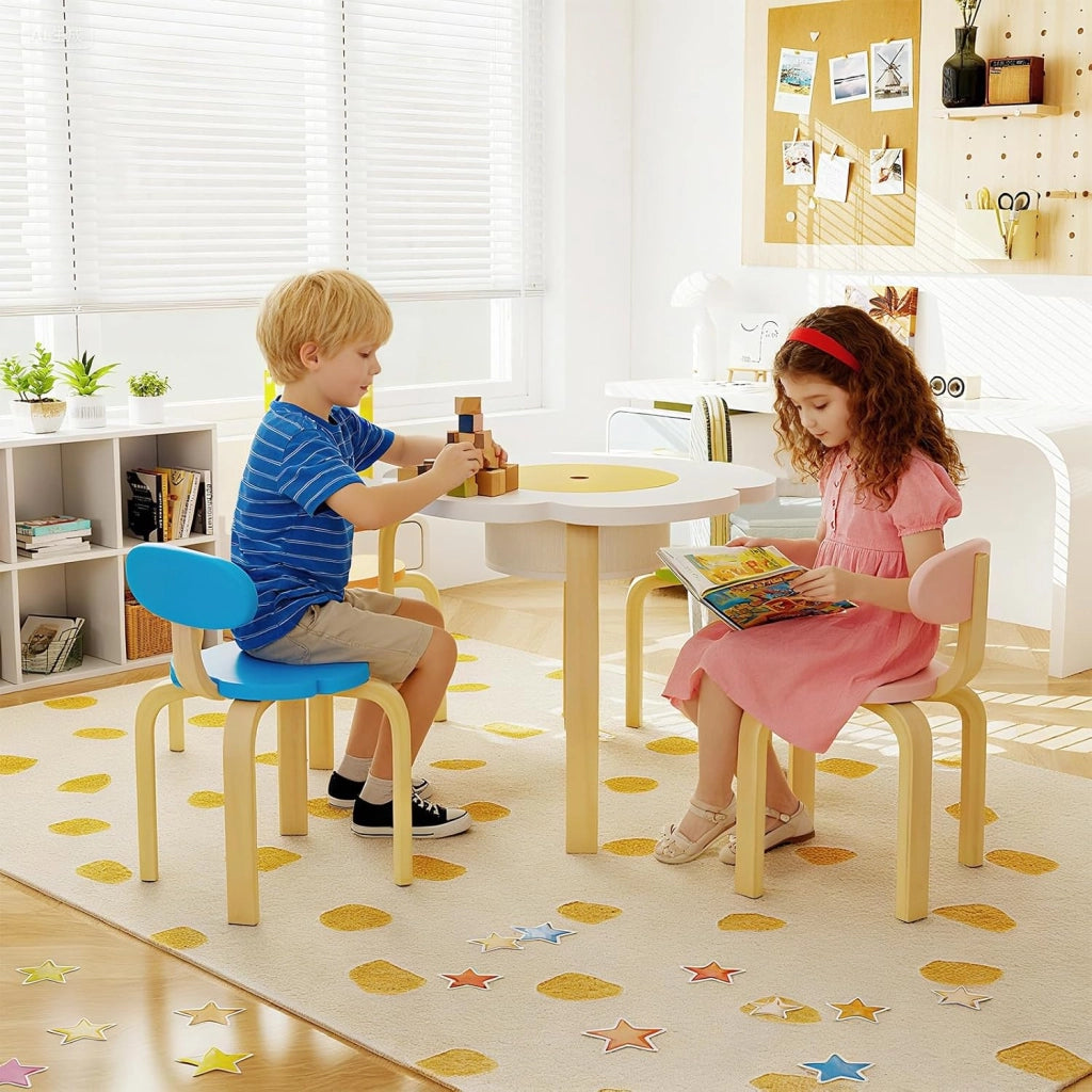 Set Tavolo e Sedie per Bambini, Set Mobili a Forma di Fiore con 2 Sedie e 2 Sgabelli, Tavolo Attività con Contenitore Nascosto, Set Gioco a 5 Pezzi in Legno per Bambini 3+ Anni