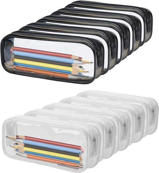 Decine di etui trasparenti in PVC per make-up, grandi cassettoni con chiusura a righello per ufficio e viaggio (nero + bianco)