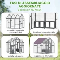 Recinto per Galline, Pollaio con Tetto Impermeabile, 2 Nidi, 2 Posatoi, per 6-8 Galline, 1.7 x 1.8 x 1.8 m, Grigio