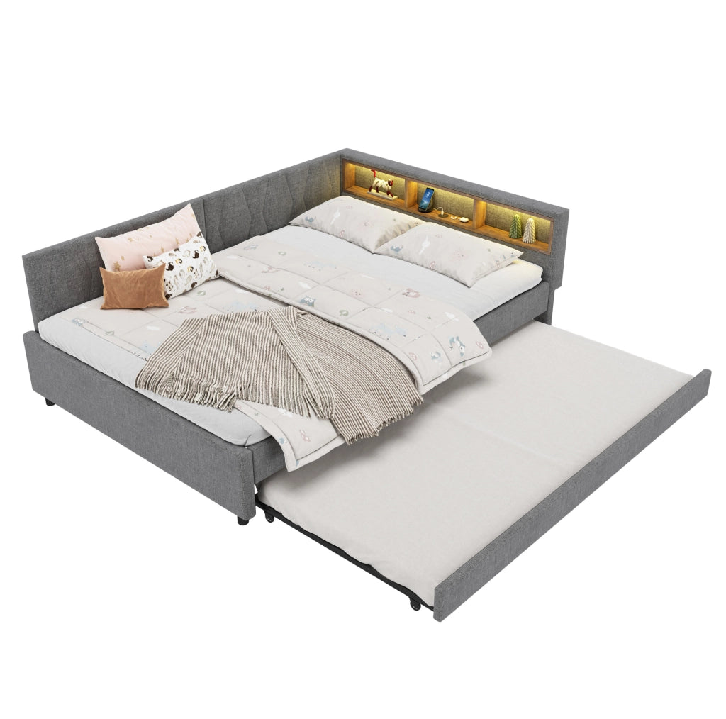 Letto 140x200 cm estraibile con LED; vano portaoggetti e USB in lino grigio