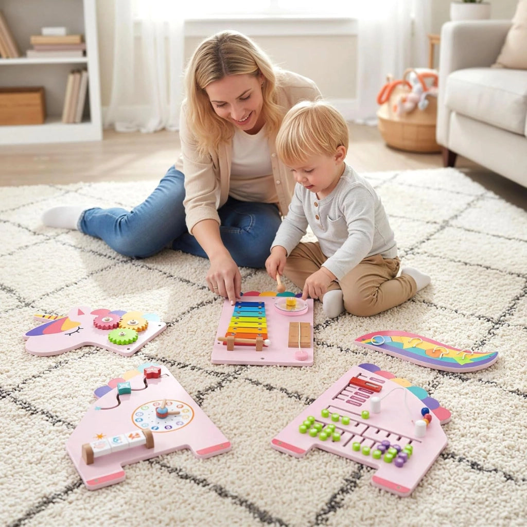 Pannelli da Parete con attività, Busy Board 11 in 1 Montessori in Legno per Sviluppo Sensoriale, Centro di attività Educativo Montato a Parete per Stanza Giochi, Asilo Nido (Unicorno)
