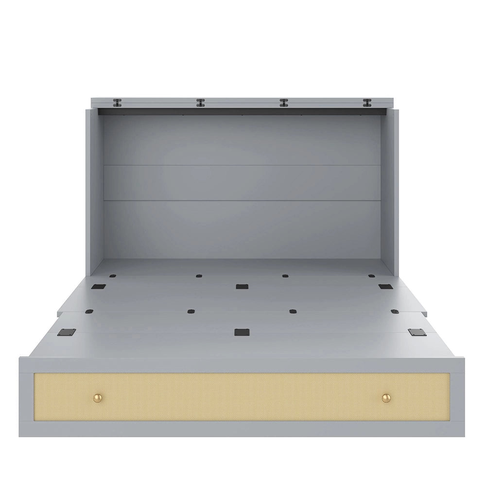 Letto contenitore 140x200 cm - Xylo - con cassetti e ripiano, porte USB e presa, grigio, senza materasso