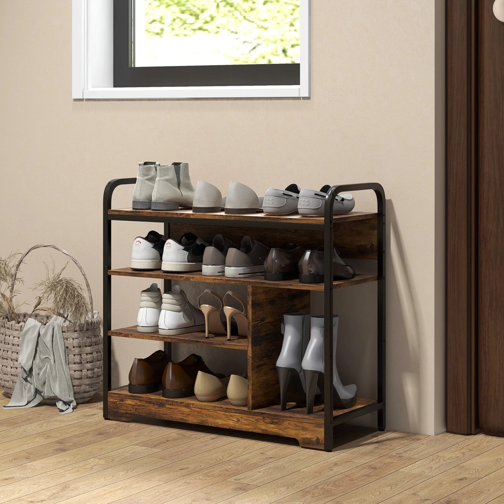 Scarpiera a 4 livelli con ripiano alto, struttura in metallo, 70 x 30 x 65 cm, marrone