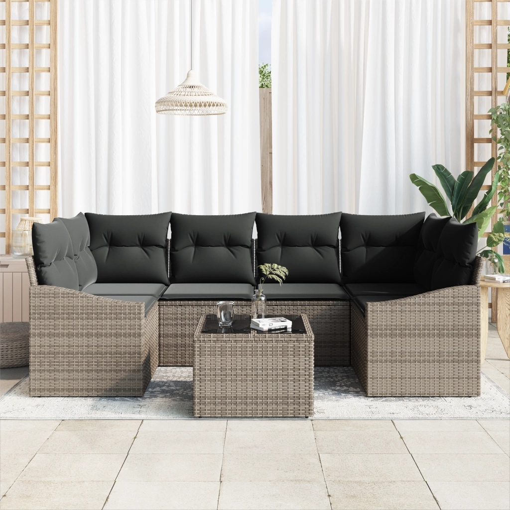 Set da pranzo da giardino a 7 pezzi con cuscini grigio polirattan