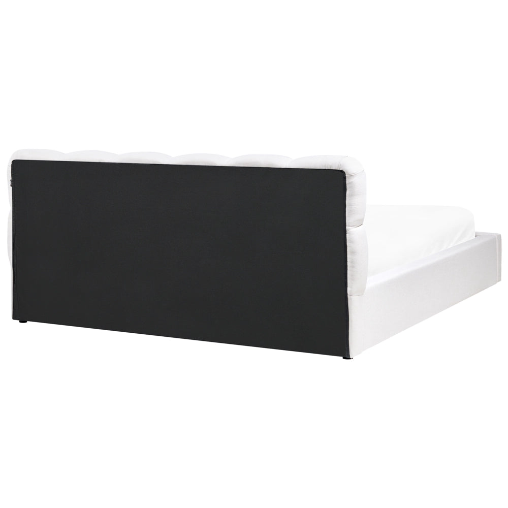 Letto king size UE in tessuto bianco sporco 180 x 200 cm con struttura imbottita e poggiatesta in biscuit con contenitore