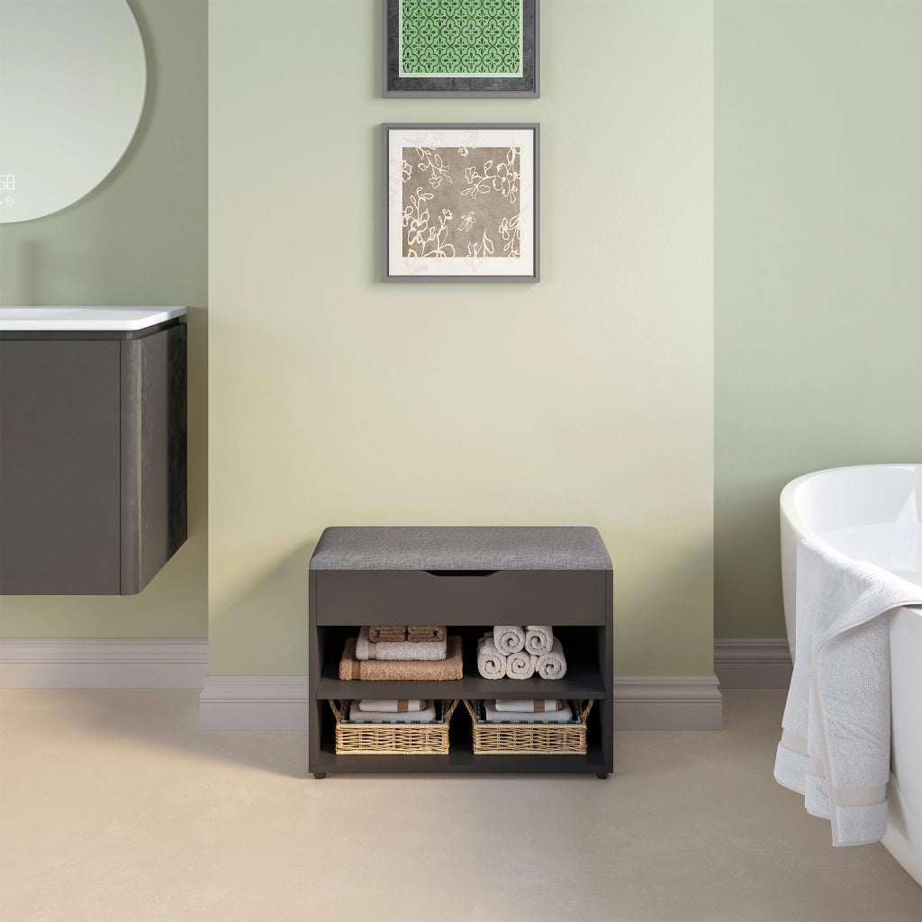 Panchina Portascarpe con Seduta Apribile (AxLaxP) 46 x 60 x 30 cm Panca da Ingresso/Corridoio Mobiletto con Seduta Imbottita, Contenitore e 2 Ripiani - Nero/Grigio