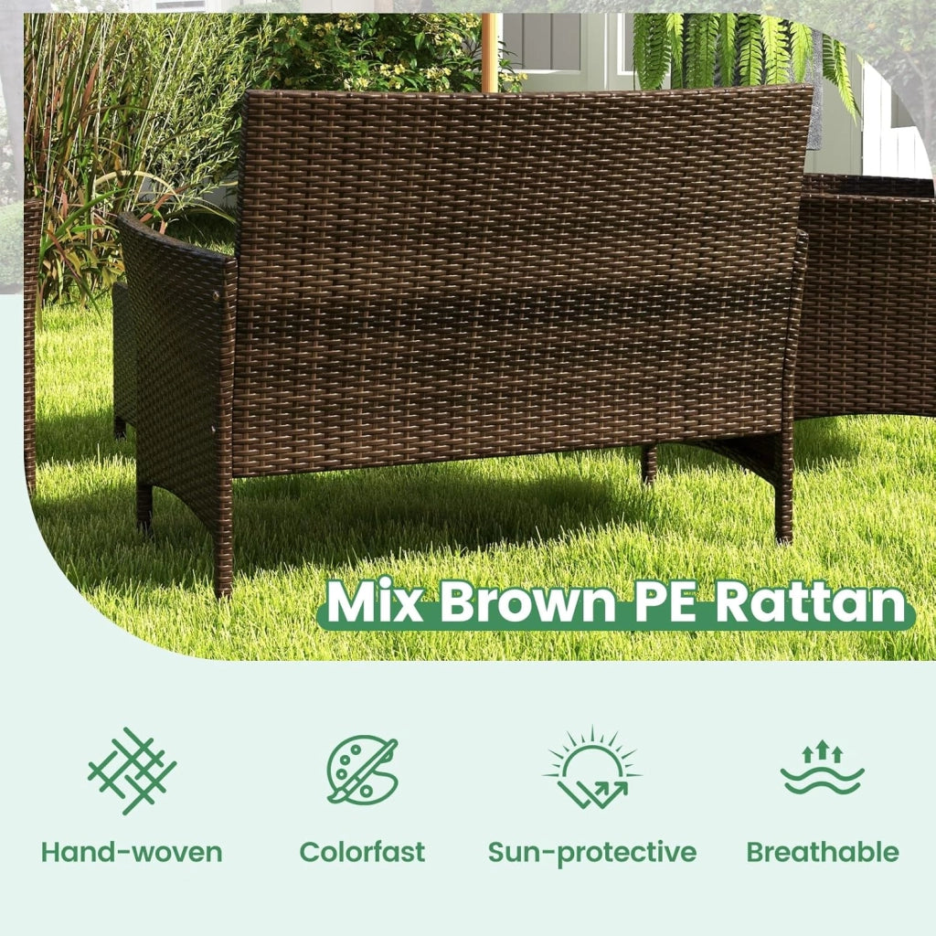 Soggiorno da giardino esterno per 4 persone in rattan PE, cuscini imbottiti, set da divano a 2 posti, 2 poltrone e tavolino in vetro temperato, mobili da terrazza per patio, balcone (marrone)