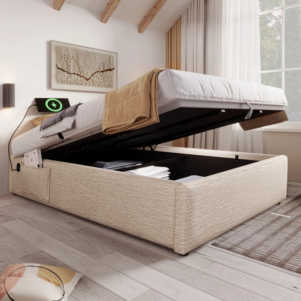Letto contenitore 140×200 cm in lino naturale con USB/Type-C e rete a pannello