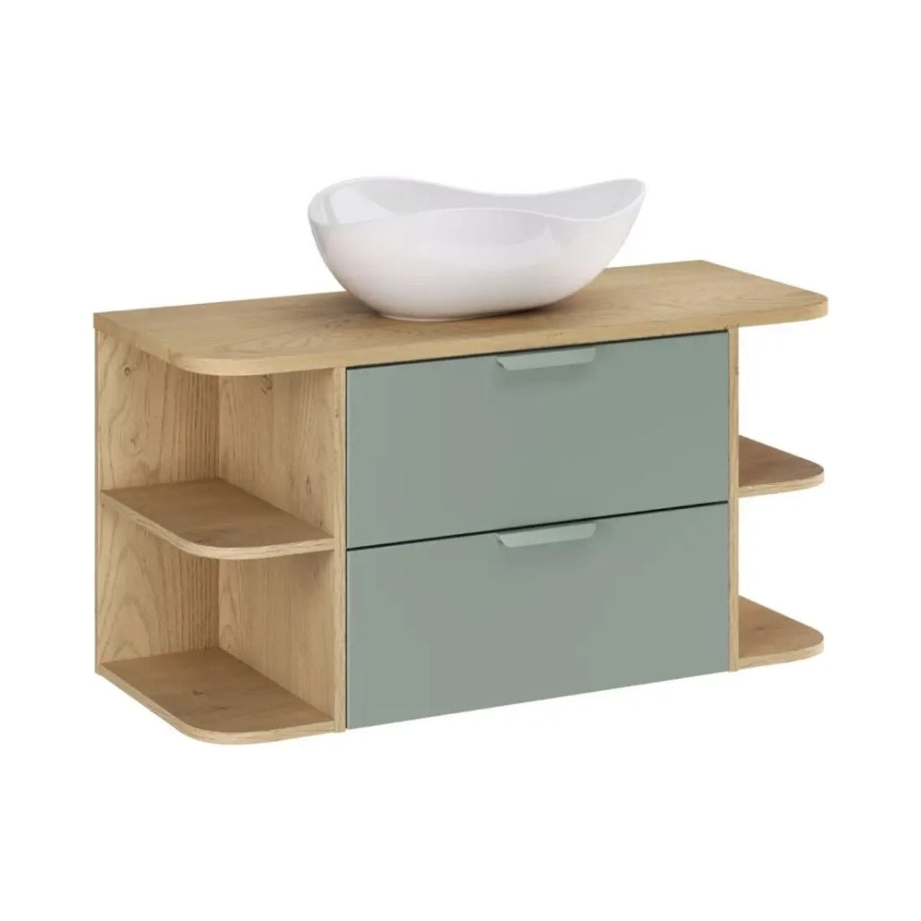 Set OSTER 100cm: mobili sottolavabo con cassetti verde salvia e nicchie a vista + piano per lavabo + lavabo da appoggio bianco