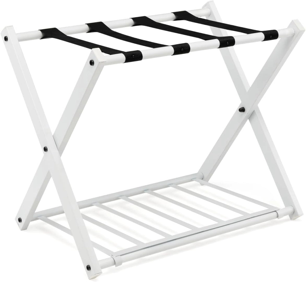 2 Pz di Portavaligia Pieghevole, Portata 70 kg, a 2 Ripiani, con Scarpiera, Struttura in Ferro, Multiuso Salvaspazio, Ideale per Viaggio e Hotel, 63,5x44x67 cm, 2 Colori (Nero)