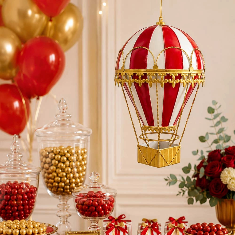 Mongolfiera Decorativa h 35 cm Metallo Rossa e Dorata da Appendere o Appoggiare