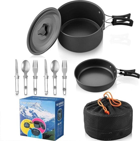 Set di cottura da campeggio portatile - Insalatiera e set di padelle per 2 persone - Set di accessori da cucina leggeri per cucinare all'aperto - Attrezzatura da campeggio sostenibile - Campeggio, escursioni ecc.