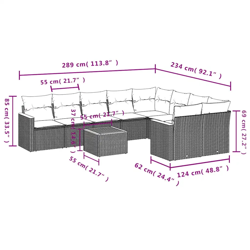 Set Divani da Giardino 10 pz con Cuscini Nero in Polyrattan 3226309