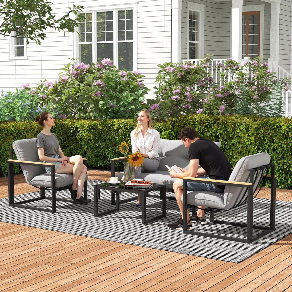 Set da giardino 4 posti con divano, 2 poltrone e tavolino in vetro temperato, cuscini inclusi ¨C zephmum ¨C grigio