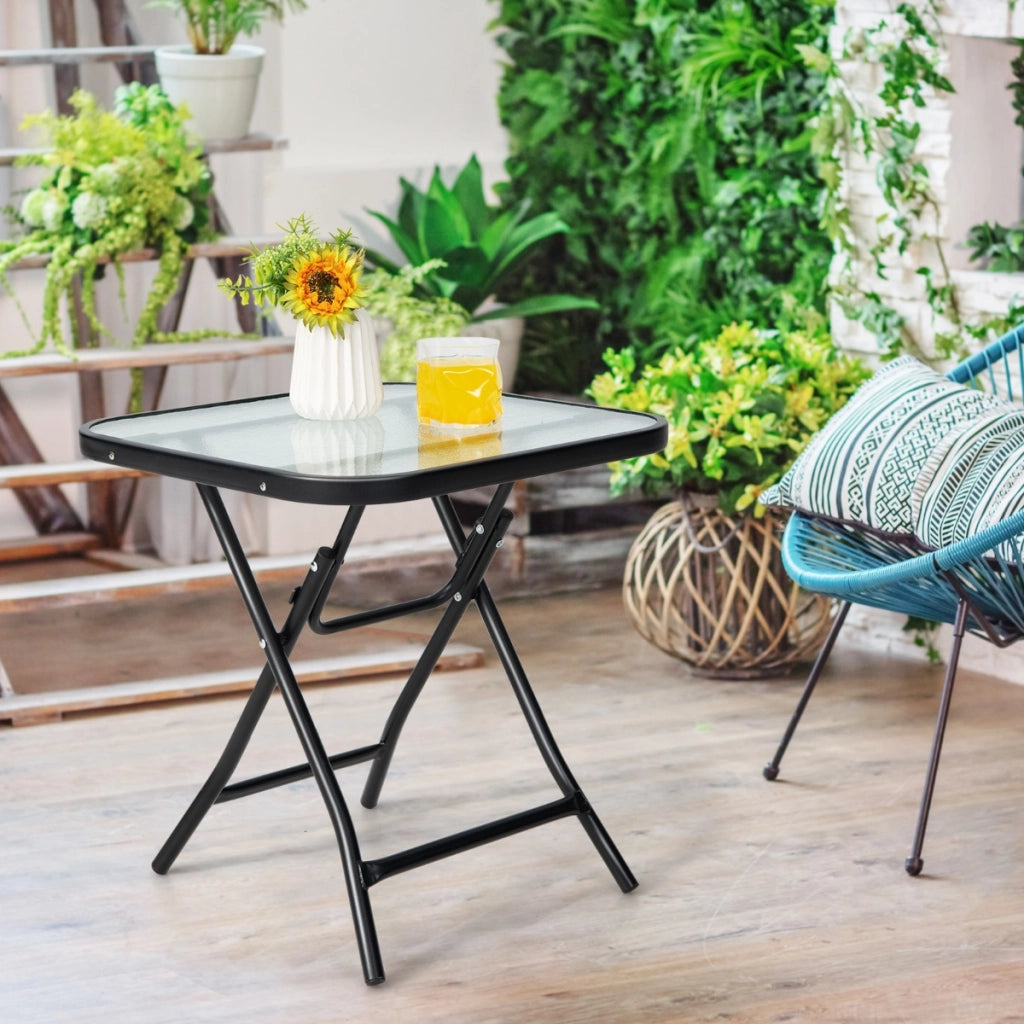 Tavolo bistr¨° quadrato con telaio antiruggine da patio, Tavolo da pranzo pieghevole con piano in vetro temperato-Tavoli da esterno