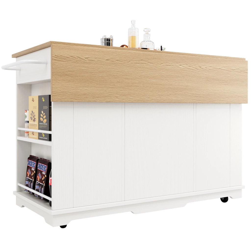 Carrello da Cucina con Cassetto; Vani Contenitore e Piano Ribaltabile; in MDF Metallo e Vetro; Bianco Naturale; 151;5 x 60 x 91;7 cm