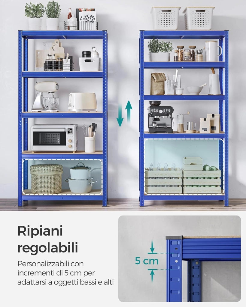 SONGMICS Scaffalatura a 5 Ripiani, Scaffale in Acciaio, Montaggio Rapido, Utensili, Strumenti in Garage, Magazzino, Ripostiglio, Portante 875 kg, 40 x 90 x 180 cm, Blu GLR040Q01