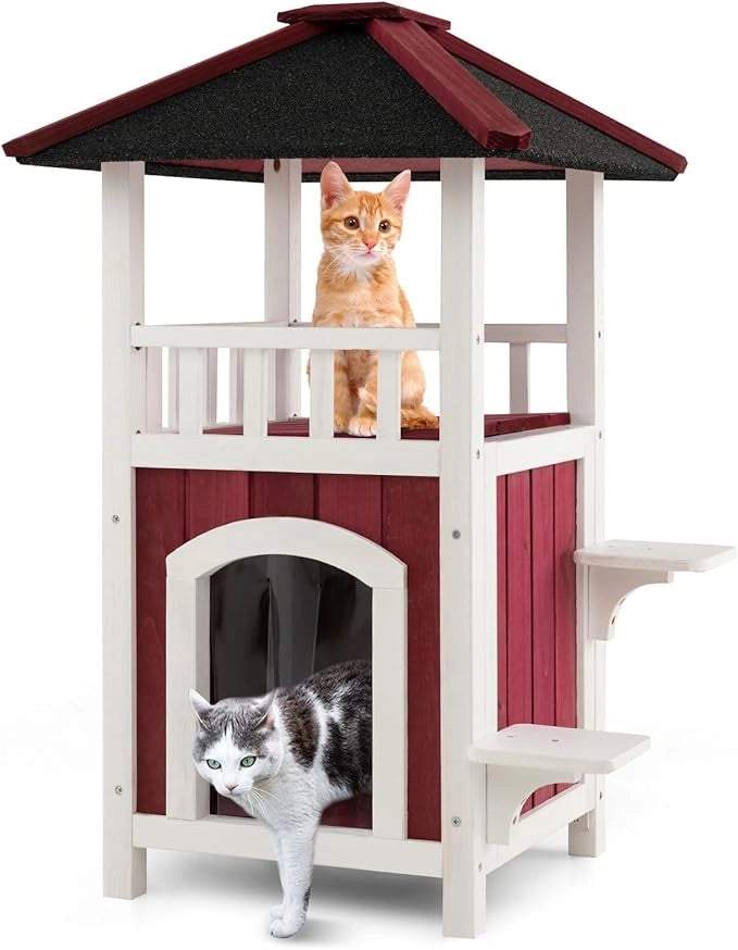 Casetta per Gatti in Legno, Casetta per Gattii a 2 Livelli con Tetto in Asfalto, 2 Piattaforme per Saltare, per Esterno e Interno, 58 x 50 x 87 cm