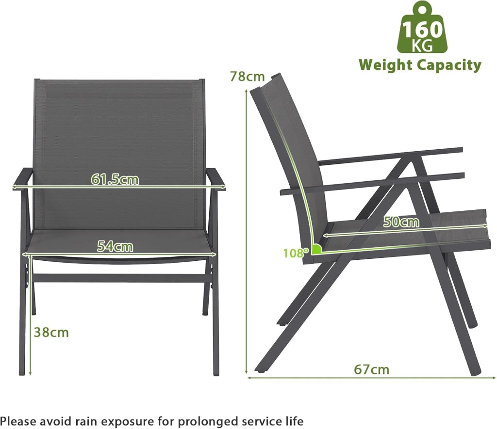 Set di 2 sedie da giardino, da balcone, con schienale traspirante e telaio in metallo, fino a 160 kg, per veranda, balcone